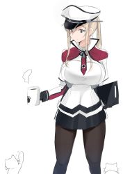 Rule 34 | 1girl, 2others, absurdres, black gloves, black pantyhose, blonde hair, breasts, capelet, cat, commentary request, cross, cup, feet out of frame, gloves, graf zeppelin (kancolle), grey eyes, hair between eyes, hat, highres, iron cross, kantai collection, large breasts, maruyaa (malya1006), military, military uniform, miniskirt, mug, multiple others, necktie, pantyhose, paw print, peaked cap, pleated skirt, sidelocks, simple background, skirt, solo, standing, tsurime, twintails, uniform, white background, white cat