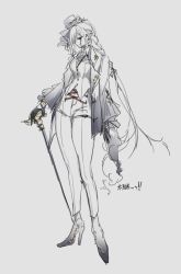 Rule 34 | 1girl, a9712mob, alternate costume, arknights, boots, cane, coat, full body, gladiia (arknights), gloves, grey background, greyscale, hat, high heel boots, high heels, highres, holding, holding cane, monochrome, pointy ears, profile, simple background, sketch, solo