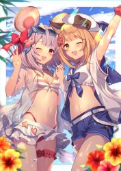 Rule 34 | 2girls, animal ears, arm up, belt, blue shorts, blush, breasts, crop top, dog ears, dog girl, dog tail, erune, fake animal ears, granblue fantasy, groin, highleg, highres, holding hands, homaderi, looking at viewer, midriff, miniskirt, mouse ears, multiple girls, navel, open mouth, red eyes, sailor collar, scrunchie, shirt, short shorts, shorts, skirt, sleeveless, sleeveless shirt, small breasts, smile, star-shaped eyewear, star (symbol), stomach, strap gap, tail, vajra (granblue fantasy), vajra (summer) (granblue fantasy), vikala (granblue fantasy), white hair, white shirt, white skirt, wrist scrunchie