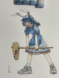 Rule 34 | 1girl, ambiguous red liquid, animal ears, artist name, blue dress, blue hair, closed mouth, crescent print, dress, earclip, highres, holding, kine, long hair, mallet, photo (medium), rabbit ears, red eyes, seiran (touhou), shiratama (hockey), shoes, short sleeves, signature, sneakers, socks, solo, star (symbol), star print, touhou, traditional media, white socks