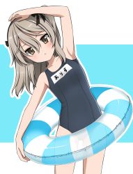 Rule 34 | 1girl, black ribbon, blue background, blue one-piece swimsuit, blush, brown eyes, character name, chestnut mouth, cowboy shot, girls und panzer, hair ribbon, highres, holding, holding swim ring, innertube, leaning to the side, light blush, light brown hair, long hair, looking at viewer, name tag, one-piece swimsuit, one side up, outline, ribbon, ruruepa, school swimsuit, shimada arisu, solo, standing, stretching, swim ring, swimsuit, translated, white outline