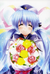 Rule 34 | 1girl, ^ ^, absurdres, announcement celebration, black dress, black hat, bloom, blue hair, blush, bouquet, closed eyes, closed mouth, dress, eyes visible through hair, facing viewer, flower, hair between eyes, hair ribbon, hat, highres, holding, holding bouquet, hoshino yumemi, long hair, low twintails, pink flower, pink rose, planetarian, ribbon, robot ears, rose, scan, simple background, smile, solo, sparkle, straight-on, twintails, upper body, very long hair, white flower, white rose, yellow flower, yellow rose, zen (kamuro)