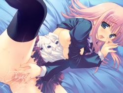 Rule 34 | 00s, 1girl, bed, blue eyes, blush, breasts, censored, game cg, kouno harumi, large breasts, leg lift, milfa (to heart), miniskirt, mitsumi misato, mosaic censoring, no panties, open clothes, open shirt, pink hair, pussy, pussy juice, shirt, skirt, solo, spread legs, spread pussy, thighhighs, to heart (series), to heart 2, to heart 2 ad