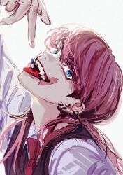 Rule 34 | 1boy, absurdres, babjeuoman, blue eyes, ear piercing, evil grin, evil smile, formal, from side, grin, head tilt, highres, male focus, necktie, open mouth, piercing, pill, pink hair, sanzu haruchiyo, scar, scar on face, sleeves rolled up, smile, striped clothes, suit, tokyo revengers, tongue, tongue out, vest, wolf cut