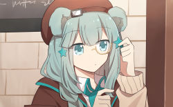 Rule 34 | 1234cccc, 1girl, arknights, beret, blue eyes, blue hair, blue necktie, book, braid, brown hat, brown jacket, brown vest, collared shirt, cyrillic, hair ornament, hand up, hat, highres, holding, holding book, istina (arknights), jacket, light blue hair, long sleeves, looking at viewer, monocle, necktie, school uniform, shirt, solo, star (symbol), star hair ornament, translated, upper body, vest, white shirt