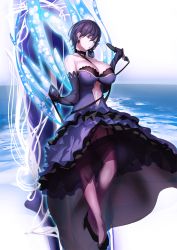 Rule 34 | 1girl, black gloves, black hair, black thighhighs, breasts, cattleya (gothic wa mahou otome), collar, covered erect nipples, dress, elbow gloves, ere (2516325), frilled dress, frills, garter straps, gloves, gothic wa mahou otome, highres, huge breasts, see-through, short hair, solo, strapless, strapless dress, thighhighs