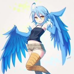 Rule 34 | 10s, 1girl, :d, ahoge, armpits, bare shoulders, blue hair, blue wings, blueberry (5959), blush, feathered wings, harpy, highres, looking at viewer, midriff, monster girl, monster musume no iru nichijou, navel, open mouth, papi (monster musume), revision, short hair, short shorts, shorts, simple background, smile, solo, tank top, winged arms, wings, yellow eyes