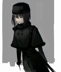 Rule 34 | 1girl, absurdres, black capelet, black dress, black eyes, black hair, black hat, capelet, closed mouth, commentary, dress, english commentary, fur-trimmed capelet, fur-trimmed headwear, fur hat, fur trim, hat, highres, kuonji alice, long sleeves, mahou tsukai no yoru, short hair, simple background, solo, type-moon, urie
