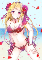 Rule 34 | 1girl, beach, bikini, blonde hair, blush, bow, breasts, cinia pacifica, cleavage, day, flower, flower in mouth, frilled bikini, frills, fugie, hair flower, hair ornament, long hair, looking at viewer, mouth hold, navel, petals, red bikini, red eyes, rose, solo, standing, swimsuit, sword girls