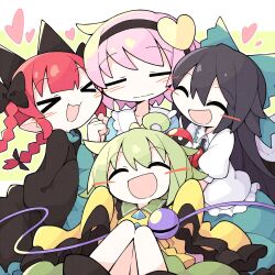 Rule 34 | &gt; &lt;, 4girls, :d, ahoge, animal ears, asameshi, black bow, black dress, black hair, black hairband, blouse, blush stickers, bow, braid, buttons, cat ears, closed eyes, closed mouth, commentary, diamond button, dress, extra ears, frilled sleeves, frills, green bow, green hair, green skirt, hair bow, hair ornament, hairband, happy, heart, heart hair ornament, highres, kaenbyou rin, komeiji koishi, komeiji satori, long hair, long sleeves, multiple girls, no headwear, open mouth, pink hair, pointy ears, puffy short sleeves, puffy sleeves, red hair, reiuji utsuho, shirt, short hair, short sleeves, skirt, sleeves past fingers, sleeves past wrists, smile, third eye, touhou, twin braids, wavy mouth, white shirt, wide sleeves, yellow shirt