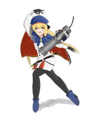 Rule 34 | 1girl, absurdres, artoria caster (fate), artoria pendragon (fate), beret, black gloves, blonde hair, blue cape, blush, bomb, boots, buttons, cape, commentary, double-breasted, english commentary, explosive, fate/grand order, fate (series), full body, fuse, gloves, green eyes, hat, heel up, highres, jacket, long hair, looking at viewer, multicolored cape, multicolored clothes, nicho, open mouth, pantyhose, pipe bomb, red cape, simple background, smile, solo, sword, sword behind back, throwing, weapon, white background, white jacket