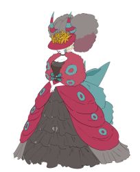 Rule 34 | 1girl, back bow, black dress, blonde hair, bow, breasts, choker, cleavage, closed mouth, covered eyes, creatures (company), dress, earrings, flower, frilled dress, frills, full body, fur trim, game freak, gen 5 pokemon, hair bun, hat, hat flower, hat over eyes, horns, jewelry, layered dress, lipstick, makeup, mature female, nintendo, oimo kenpi, own hands together, personification, plume, pokemon, red dress, red hat, scolipede, shawl, simple background, single hair bun, solo, standing, striped horns, updo, white background