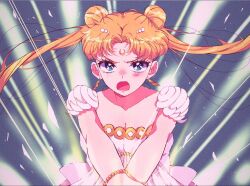 Rule 34 | 1girl, bishoujo senshi sailor moon, blonde hair, blue eyes, bracelet, crescent, crescent facial mark, double bun, dress, earrings, facial mark, hair bun, jewelry, long hair, looking at viewer, open mouth, own hands together, pearl bracelet, princess serenity, rumic 0620, solo, straight-on, tsukino usagi, twintails, white dress