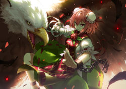 Rule 34 | 1girl, bandages, bird, bobomaster, breasts, bun cover, chain, chinese clothes, cuffs, double bun, eagle, fighting stance, flower, gradient background, hair bun, highres, ibaraki kasen, looking at viewer, mouth hold, pink eyes, pink hair, red eyes, rose, short hair, solo, tabard, touhou