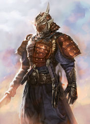 Rule 34 | 1boy, adapted costume, armor, beard, breastplate, cowboy shot, facial hair, grey hair, highres, holding, holding sword, holding weapon, japanese armor, jkhome0079, kamen rider, kamen rider gaim, kamen rider gaim (series), male focus, shoulder pads, solo, standing, sword, weapon