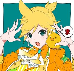Rule 34 | 1boy, aqua eyes, bird, blonde hair, bow, bowtie, brooch, chick, hands up, headphones, headset, highres, jacket, jewelry, kagamine len, long sleeves, looking at viewer, microphone, open mouth, orange bow, orange bowtie, orange jacket, project sekai, short ponytail, solo, taro14 tea, telecaster b-boy (vocaloid), vocaloid, wonderlands x showtime (project sekai), wonderlands x showtime len