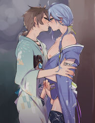 Rule 34 | 2boys, about to kiss, against tree, ahoge, bare shoulders, blue eyes, blue hair, blush, brown eyes, brown hair, chinese clothes, collarbone, edmond (nu carnival), eiden (nu carnival), gem, gloves, hair ornament, half-closed eyes, hand jewel, hand on another&#039;s arm, hand on another&#039;s chest, highres, japanese clothes, jewel, jewelry, kimono, long hair, male focus, multiple boys, multiple penises, necklace, night, nipples, niwa (niwa827), nu carnival, off shoulder, open mouth, outdoors, pectoral cleavage, pectorals, penis, penises touching, ponytail, precum, rubbing penis, rubbing penis on penis, short gloves, short hair, short ponytail, smile, sweat, sweatdrop, thigh peek, thighhighs, thighs, tree, yaoi