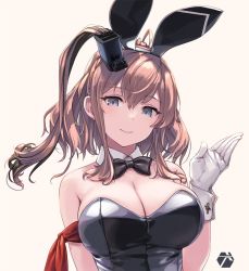 Rule 34 | 1girl, alternate costume, animal ears, armband, black bow, black bowtie, black leotard, bow, bowtie, breasts, brown hair, cleavage, detached collar, fake animal ears, gloves, grey eyes, hair between eyes, hair ornament, highres, kantai collection, large breasts, leotard, looking at viewer, playboy bunny, ponytail, rabbit ears, red armband, revision, rokuwata tomoe, saratoga (kancolle), side ponytail, sidelocks, simple background, smile, smokestack, twitter username, upper body, white gloves, wrist cuffs, yellow background