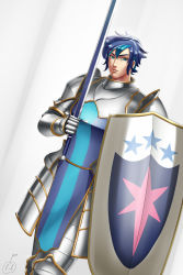 Rule 34 | 1boy, armor, blue eyes, blue hair, dutch angle, knight, lvl (sentrythe2310), male focus, matching hair/eyes, my little pony, my little pony: friendship is magic, personification, shield, shining armor, short hair, solo, sword, weapon
