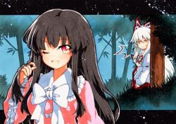 Rule 34 | 2girls, bad id, bad twitter id, black border, black hair, blouse, blue background, border, bow, bowtie, breasts, collar, collared shirt, forest, from side, fujiwara no mokou, gradient hair, hair between eyes, hair bow, hand in pocket, hand up, houraisan kaguya, long hair, long sleeves, looking at another, looking at viewer, medium breasts, multicolored bow, multicolored eyes, multicolored hair, multiple girls, nature, one eye closed, open mouth, pants, pink eyes, pink shirt, pink sleeves, puffy long sleeves, puffy sleeves, qqqrinkappp, red bow, red eyes, red pants, shirt, smile, touhou, traditional media, tree, white bow, white bowtie, white hair, white shirt, white sleeves, wide sleeves, yellow eyes
