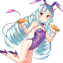 Rule 34 | 1girl, :o, absurdres, animal ear fluff, animal ears, blue hair, blue nails, blush, bow, bowtie, braid, carrot, collar, delmin (show by rock!!), detached collar, dragon girl, dragon horns, dragon tail, dutch angle, fake animal ears, food, hairband, high heels, highres, holding, holding food, horns, kneeling, leotard, long hair, looking at viewer, low twintails, nail polish, nyama, parted lips, purple bow, purple bowtie, purple footwear, purple hairband, purple leotard, rabbit ears, rabbit tail, red eyes, shoes, short eyebrows, show by rock!!, simple background, solo, strapless, strapless leotard, tail, thick eyebrows, twin braids, twintails, very long hair, white background, white collar, wing collar, wrist cuffs