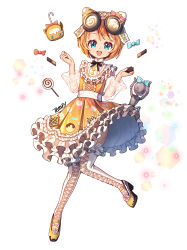 Rule 34 | 1girl, :d, artist name, blonde hair, blue eyes, boots, brown dress, candy, candy wrapper, commentary request, dress, food, frilled dress, frills, full body, goggles, goggles on head, hands up, high heel boots, high heels, highres, identity v, lollipop, long sleeves, looking at viewer, official alternate costume, open mouth, pleated dress, puffy sleeves, see-through, see-through sleeves, short hair, signature, smile, solo, swirl lollipop, tempy (rinsia), thigh boots, thighhighs, tracy reznik, white background, white footwear, white thighhighs, wide sleeves