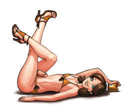 Rule 34 | 1boy, artist request, bikini, brown hair, commentary request, cosplay, crossdressing, crown, unworn crown, earrings, erection, gender request, genderswap, green eyes, high heels, jewelry, legs up, lips, looking at viewer, lying, male focus, mario (series), nintendo, on back, onyxaries, parted lips, penis, princess daisy, simple background, smile, solo, super mario land, swimsuit, trap, uncensored, white background