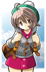 Rule 34 | 1girl, :/, ahoge, backpack, bag, blue sky, brown bag, brown eyes, brown hair, buttons, cardigan, closed mouth, cloud, collarbone, collared dress, cowboy shot, creatures (company), dress, game freak, gloria (pokemon), green hat, grey cardigan, hat, highres, long sleeves, nintendo, outline, pink dress, pokemon, pokemon swsh, rascal (feuille), short dress, short hair, sky, solo, standing, tam o&#039; shanter, white outline