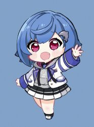 Rule 34 | 1girl, :d, animal print, arm up, black skirt, black socks, blue background, blue hair, blush stickers, cat print, chibi, clothes writing, commentary, dolphin hair ornament, drawstring, fang, full body, grey hoodie, hair between eyes, highres, hood, hood down, hoodie, jacket, nijisanji, nishizono chigusa, nozo (hitomiz), open mouth, outstretched arm, pleated skirt, print hoodie, red eyes, shoes, simple background, skirt, smile, socks, solo, standing, virtual youtuber, white footwear, white jacket