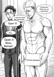 Rule 34 | 2boys, abs, bara, closed eyes, completely nude, covering crotch, covering privates, english text, eren yeager, facial hair, highres, holding, holding sign, jacket, large pectorals, male focus, multiple boys, muscular, muscular male, navel, nipples, nude, open mouth, pants, pectorals, reiner braun, shingeki no kyojin, short hair, siaofong, sign