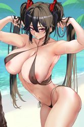 Rule 34 | 1girl, absurdres, adjusting hair, areola slip, armpits, arms up, beach, bikini, black hair, blue sky, breasts, cleavage, closed mouth, cloud, collarbone, day, earrings, hair lift, highres, jewelry, large breasts, leaning forward, long hair, loooyd, micro bikini, missing finger, nail polish, navel, original, outdoors, palm tree, pretzel bikini, purple nails, red eyes, side-tie bikini bottom, sidelocks, sky, solo, swimsuit, thighs, toned, tree, twintails, very long hair, wet