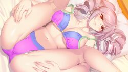 Rule 34 | 1girl, bed, blush, bra, breasts, cleavage, closed mouth, drill hair, embarrassed, eyebrows hidden by hair, female focus, from above, game cg, groin, indoors, large breasts, legs, legs up, looking at viewer, lying, mikoshiba saria, navel, on bed, original, panties, pillow, pink hair, red eyes, saimin datsujo 4, solo, thighs, underwear, underwear only, yoshino keiko
