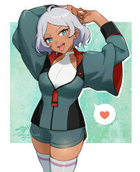 Rule 34 | 1girl, :d, ahoge, aizaki b, arms behind head, arms up, asticassia school uniform, border, commentary request, cowboy shot, dark-skinned female, dark skin, green background, green eyes, green jacket, green shorts, grey hair, gundam, gundam suisei no majo, heart, highres, interlocked fingers, jacket, looking at viewer, open mouth, outside border, partially unzipped, school uniform, secelia dote, short hair, short shorts, shorts, signature, skindentation, smile, solo, spoken heart, standing, teeth, thighhighs, tongue, tongue out, twitter username, upper teeth only, white border, white thighhighs