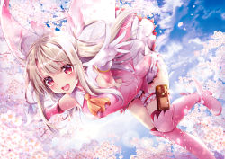 Rule 34 | 1girl, :d, albino, armpits, ascot, boots, cherry blossoms, fate/kaleid liner prisma illya, fate (series), geko, gloves, illyasviel von einzbern, long hair, looking at viewer, magical girl, open mouth, outstretched arms, pink footwear, pink theme, prisma illya, red eyes, skirt, smile, solo, spread arms, thigh boots, thighhighs, thighlet, white gloves, white hair, white skirt, yellow ascot