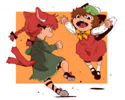 Rule 34 | &lt;o&gt; &lt;o&gt;, 2girls, animal ears, animal hands, black eyes, bow, braid, brown hair, cat ears, cat girl, cat paws, cat tail, catfight, chen, dress, ear piercing, earrings, extra ears, fangs, female focus, hair ribbon, hat, jewelry, kaenbyou rin, leg ribbon, multiple girls, multiple tails, nekomata, onikobe rin, open mouth, outstretched arms, piercing, red dress, red hair, ribbon, shirt, short hair, skirt, skirt set, tail, touhou, twin braids, vest