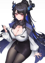 1girl asymmetrical_horns black_hair blue_hair breasts clipboard demon_horns earrings high_ponytail highres holding holding_clipboard hololive hololive_english horns jewelry large_breasts long_hair mole mole_under_eye multicolored_hair necklace nerissa_ravencroft nerissa_ravencroft_(3rd_costume) official_alternate_costume oopartz_yang pantyhose pencil_skirt red_eyes ring scarf shirt sitting skirt smile solo two-tone_hair uneven_horns very_long_hair virtual_youtuber white_shirt