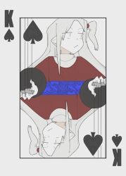 Rule 34 | 1girl, blue bow, bolos, bow, capelet, card, dress, grey hair, hair bobbles, hair ornament, king (playing card), king of spades, long sleeves, marionette, playing card, pointy ears, puppet, puppet strings, red capelet, red dress, shinki (touhou), side ponytail, spade (shape), sweater, touhou, touhou (pc-98), turtleneck, white sweater