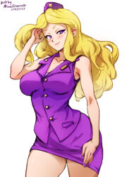 Rule 34 | 1girl, advance wars, arm up, artist name, blonde hair, blush, breasts, closed mouth, collared vest, commentary, cowboy shot, dated, english commentary, floating hair, hand in own hair, hat, large breasts, long hair, military, military hat, military uniform, mina cream, miniskirt, mole, mole under eye, nail polish, nell (advance wars), pencil skirt, purple eyes, purple nails, purple skirt, purple vest, skirt, sleeveless, smile, solo, thighs, uniform, vest