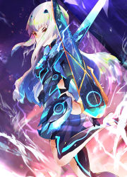 Rule 34 | 1girl, armor, armored dress, black gloves, blue armor, blue dress, blue legwear, breastplate, breasts, brown eyes, dress, melusine (fate), melusine (first ascension) (fate), fate/grand order, fate (series), faulds, forked eyebrows, gloves, highres, long hair, looking at viewer, mask, pauldrons, ra mun5239, short dress, shoulder armor, sidelocks, small breasts, solo, thighs, weapon, white hair