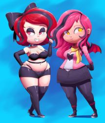 Rule 34 | 2girls, blush, breasts, cleavage, fishnets, high heels, highres, midriff, multiple girls, outta sync, pink eyes, pink hair, red hair, shorts, skirt, thick thighs, thighs, thong, wide hips, wings, yellow eyes