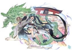 Rule 34 | 1girl, bike shorts, black footwear, black hair, black shorts, blue hair, chinese zodiac, clothing cutout, commentary request, detached sleeves, dragon girl, dragon horns, dragon tail, hair between eyes, hair intakes, highres, holding, holding paintbrush, horns, japanese clothes, kazana (sakuto), kimono, long hair, long sleeves, multicolored hair, navel, navel cutout, original, outstretched arm, oversized object, paintbrush, platform footwear, sandals, shoe soles, shorts, simple background, solo, streaked hair, tail, torii, twintails, very long hair, white background, white kimono, white sleeves, wide sleeves, year of the dragon, yellow eyes, zouri