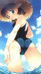 Rule 34 | 00s, 1girl, amazuyu tatsuki, ass, back, blue eyes, blush, brown hair, cloud, day, female focus, from behind, from below, hat, komaki ikuno, long hair, looking back, ocean, one-piece swimsuit, outdoors, school swimsuit, sky, solo, straw hat, swimsuit, to heart (series), to heart 2, to heart 2 ad, wading, water, wet