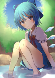 Rule 34 | 1girl, bad id, bad pixiv id, barefoot, blue dress, blue eyes, blue hair, blue sky, bow, bowtie, cirno, commentary request, day, dress, forest, hair ribbon, head tilt, highres, knees together feet apart, knees up, light blush, looking at viewer, natsume suzuri, nature, outdoors, pinafore dress, puffy short sleeves, puffy sleeves, red bow, red bowtie, ribbon, rock, shirt, short hair, short sleeves, sitting, sky, sleeveless dress, smile, soaking feet, solo, touhou, water, white shirt, wings