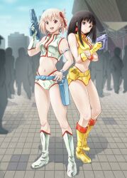 Rule 34 | 2girls, absurdres, all (26981910), black hair, blonde hair, boots, check commentary, comiket, commentary request, cosplay, crowd, dirty pair, earrings, gloves, gun, hair ribbon, hand on own hip, highres, holding, holding gun, holding weapon, inoue takina, jewelry, kei (dirty pair), kei (dirty pair) (cosplay), legs, long hair, looking at viewer, lycoris recoil, multiple girls, navel, nishikigi chisato, open mouth, purple eyes, red eyes, red ribbon, ribbon, short hair, single glove, tokyo big sight, weapon, white footwear, white gloves, yellow footwear, yellow gloves, yuri (dirty pair), yuri (dirty pair) (cosplay)