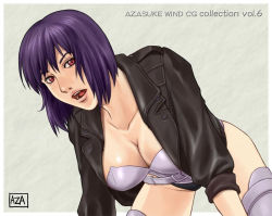 Rule 34 | 1girl, all fours, azasuke, belt, bent over, breasts, cleavage, cyborg, ghost in the shell, jacket, kusanagi motoko, large breasts, leotard, open clothes, open jacket, open mouth, purple hair, red eyes, short hair, signature, solo, thighhighs