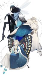 Rule 34 | 3boys, arm rest, belt pouch, black cloak, black hair, black pants, blue cloak, blue coat, blue eyes, blue footwear, boots, butterfly wings, cape, claws, cloak, coat, crossed legs, crown, diamond hairband, dragonfly wings, expressionless, fate/grand order, fate (series), full body, fur-trimmed cloak, fur boots, fur trim, grey hair, hair between eyes, hand on own arm, hand on own chin, highres, holding, holding cape, holding clothes, insect wings, invisible chair, juliet sleeves, knee up, layered clothes, long coat, long sleeves, looking ahead, looking at viewer, medium hair, multiple boys, multiple persona, ninjin (ne f g o), oberon (fate), oberon (third ascension) (fate), pants, pouch, profile, puffy sleeves, robe, shirt, shoes, sitting, sleeveless, sleeveless coat, smile, spoilers, standing, tassel, two-sided cape, two-sided fabric, white background, white cloak, white footwear, white robe, white shirt, wings