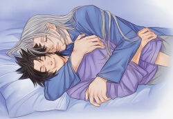Rule 34 | 2boys, alternate costume, arm across waist, arms around neck, bed, black hair, blue pajamas, blue shirt, cheek squash, closed eyes, commentary, crisis core final fantasy vii, crylin6, cuddling, earrings, english commentary, final fantasy, final fantasy vii, grey hair, grey pants, hand on another&#039;s arm, head on pillow, hug, jewelry, long hair, long sleeves, lying, male focus, multiple boys, on side, pajamas, pants, parted bangs, pillow, purple shirt, sephiroth, shirt, short hair, smile, spiked hair, stud earrings, upper body, yaoi, zack fair