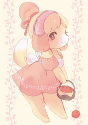 Rule 34 | 1girl, :3, alternate costume, alternate eye color, animal crossing, animal ears, animal feet, animal hands, animal nose, apple, back bow, bare shoulders, barefoot, basket, blonde hair, blush, blush stickers, bow, breasts, bright pupils, cleavage, closed mouth, dog ears, dog girl, dog tail, dress, female focus, food, from side, fruit, full body, furry, furry female, hair ribbon, hairband, happy, holding, holding basket, isabelle (animal crossing), legs, light blush, looking at viewer, medium breasts, nintendo, own hands together, parted bangs, pink dress, pink hairband, puffy short sleeves, puffy sleeves, red eyes, red ribbon, ribbon, shirokuro buti, short dress, short hair, short sleeves, smile, solo, spaghetti strap, standing, tail, tail raised, topknot, white bow, white pupils, yellow background