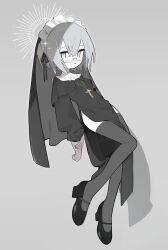 Rule 34 | 1girl, absurdres, arms behind back, black capelet, black dress, blush, bob cut, capelet, closed mouth, commentary, cross, cross necklace, dress, full body, glasses, grey background, grey eyes, grey hair, grey thighhighs, habit, halo, halo behind head, high heels, highres, holding own wrist, jewelry, latin cross, long sleeves, maid headdress, myomuron, necklace, nun, original, pelvic curtain, raised eyebrows, short hair, side slit, simple background, sleeve cuffs, solo, sparkle, thighhighs