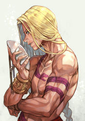 Rule 34 | 1boy, abs, biceps, blonde hair, blue eyes, bracelet, braid, capcom, collarbone, hand up, holding, holding mask, hungry clicker, jewelry, long hair, looking at viewer, male focus, manly, mask, open mouth, pants, pectorals, profile, sash, simple background, single braid, smile, solo, street fighter, tattoo, topless male, upper body, vega (street fighter)
